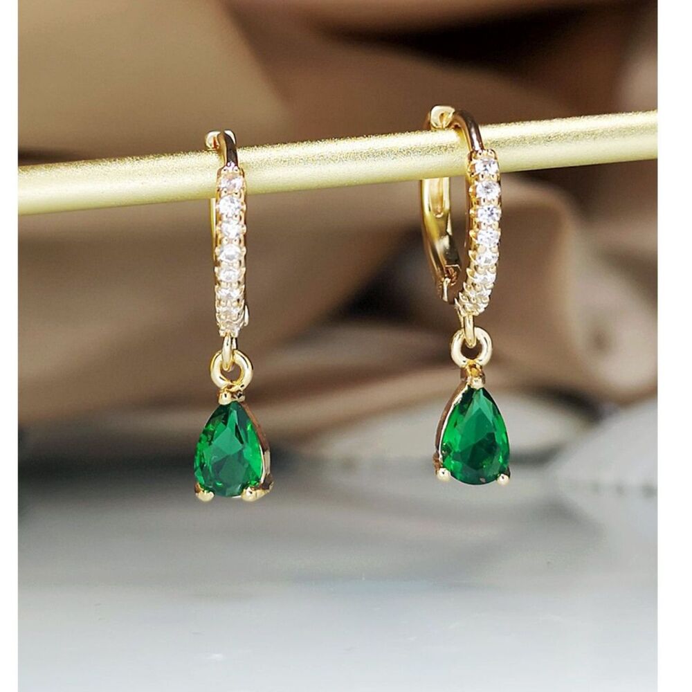 Green Teardrop Zirconia Hoop Earrings Gold Drop Crystal Gemstone Pendant Charm